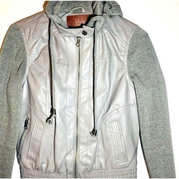 Gray Faux Leather Knit Hoodie Jacket Zip-Up Bomber Style Streetwear Size Small - Picture 2 of 8
